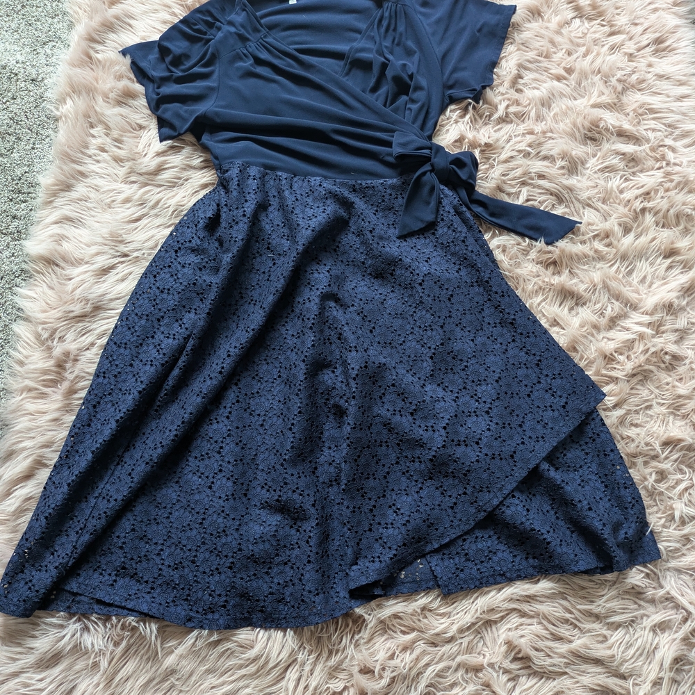Navy Blue Flower Wrap Dress